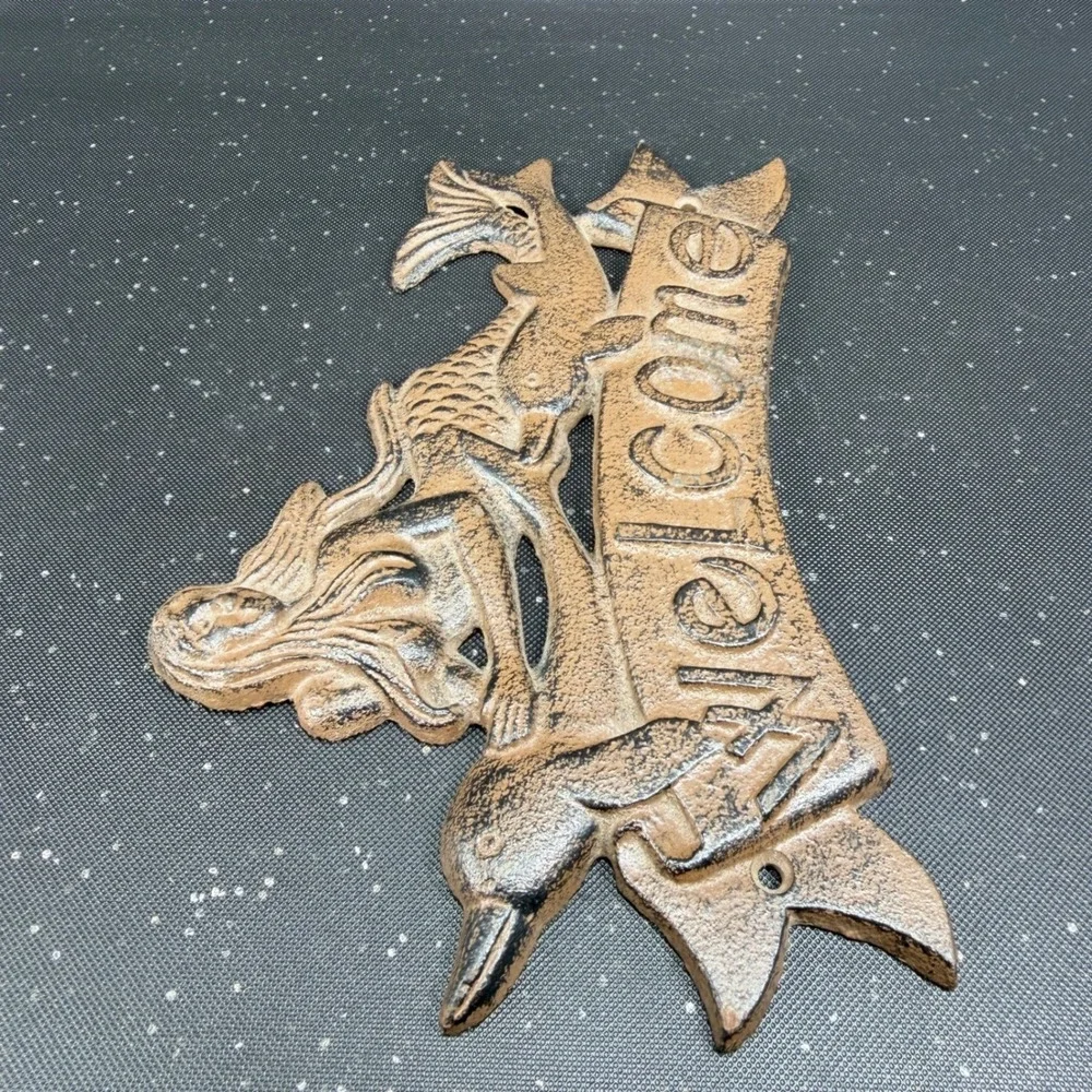Cast Iron Mermaid‎ Welcome Sign Brown Nautical Dolphin Wall Plaque Coastal Decor
